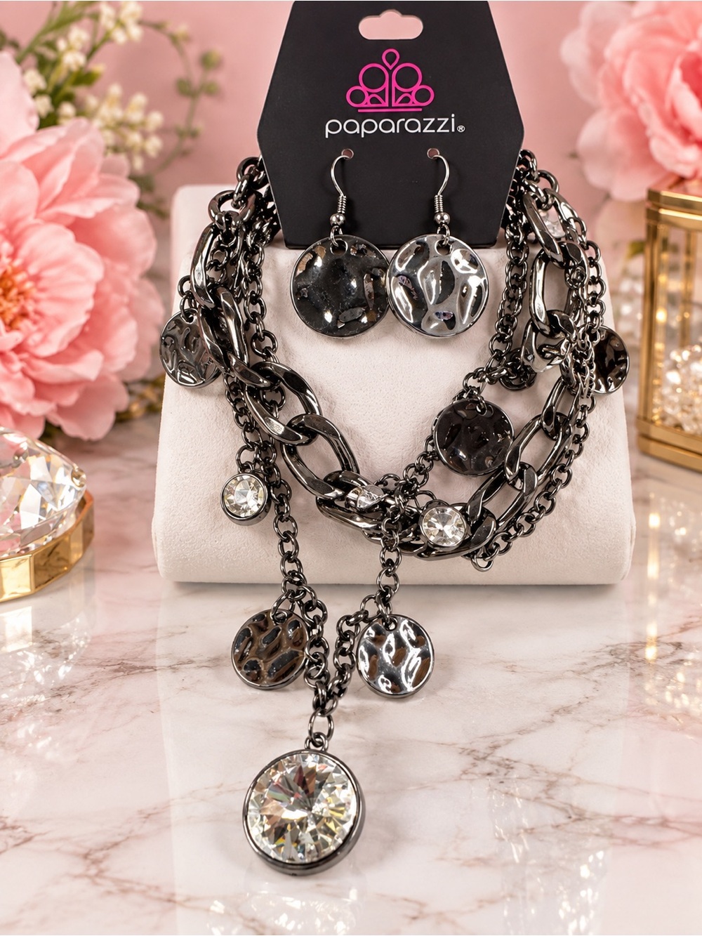 Paparazzi Gunmetal Multi-Disc Necklace with Clear Crystal Drop